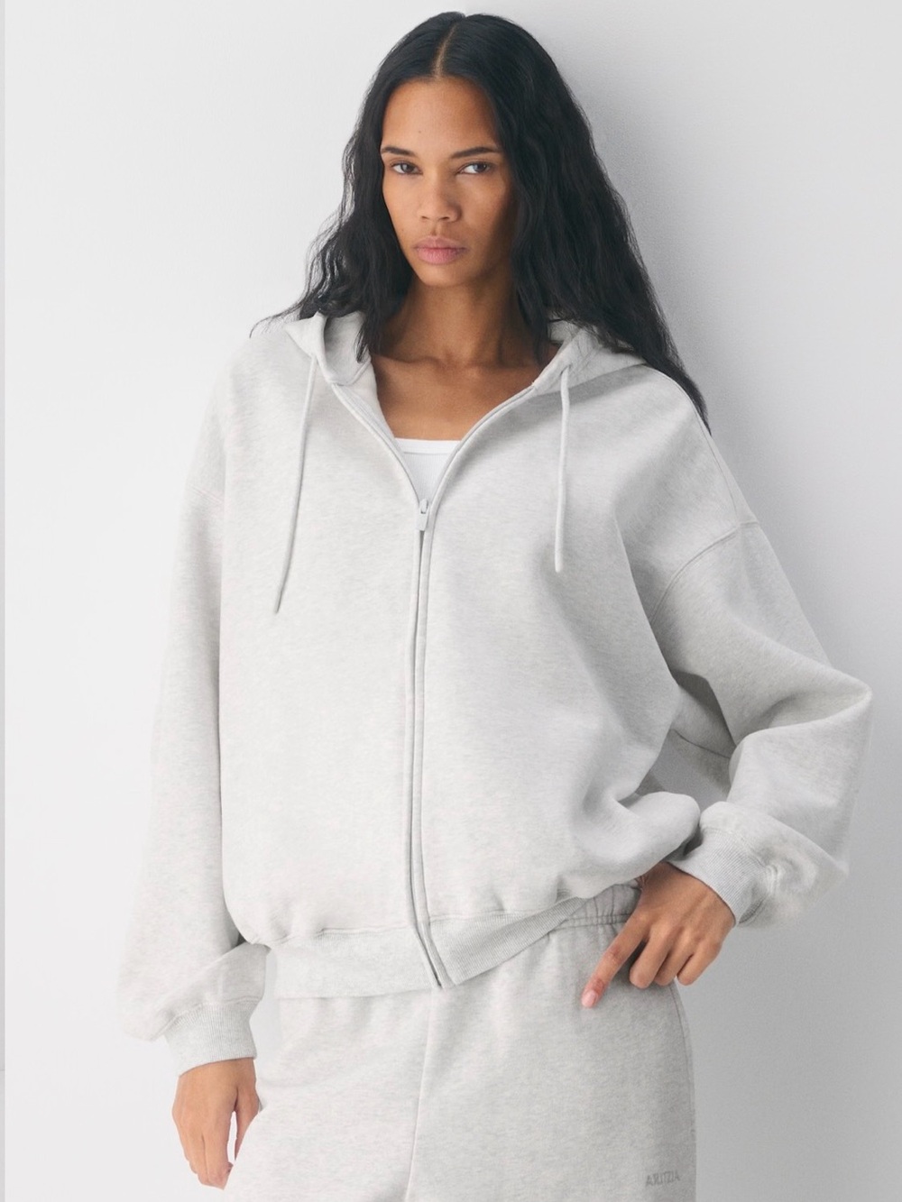 Aritzia Cozy Sweatfleece Mega Zip Hoodie Heather Cloud White
